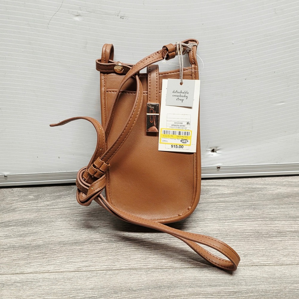 A New Day Brown Faux Leather Slip Phone Crossbody Bag Gold Hardware NWT 8x4